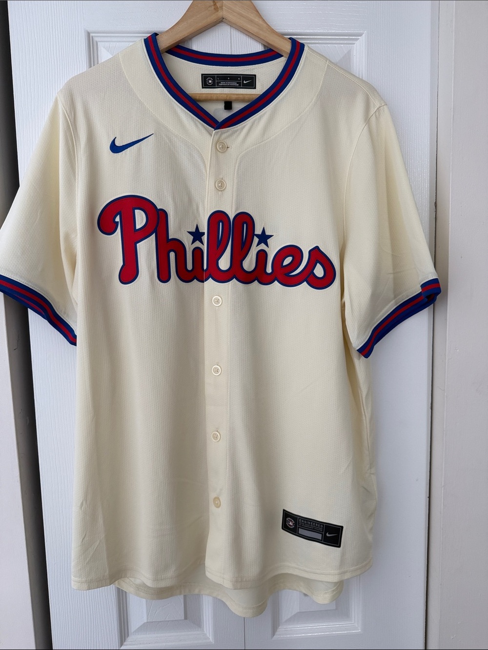 Phillies Realmuto Nike Cream Jersey with Blue and Red Ribbed Collar